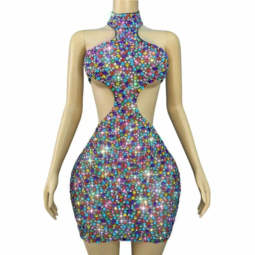 

Luxury Blingbling Colorful Rhinestones Sexy Hollow out Backless Mesh Dress Women Birthday Party Celebrate Fashion Stage Wear