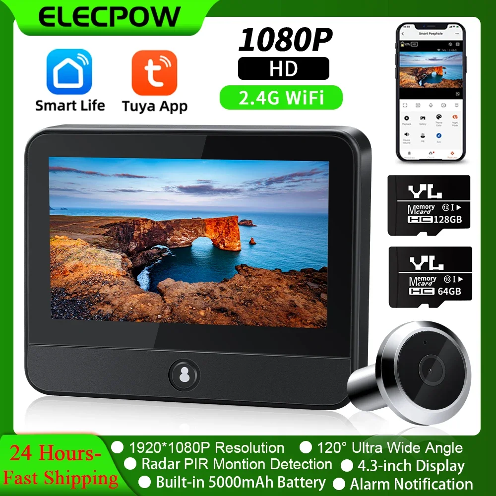Elecpow Tuya スマートWiFiレーダーデジタルドア覗き穴カメラアイ 4.3インチ 1080Pビデオドアベル PIRナイトビジョンモーション検知