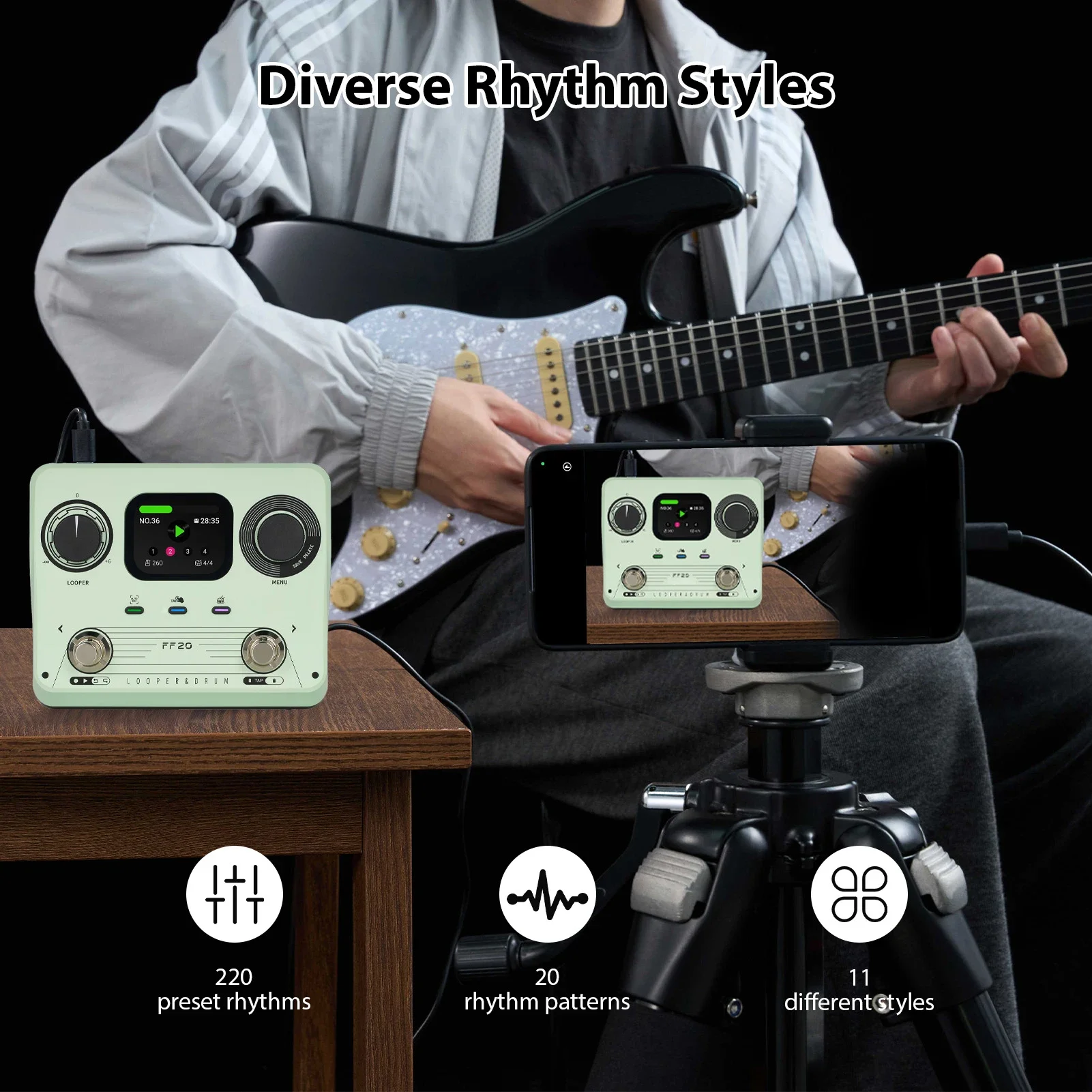 Drum Machine Looper Guitar Effects Pedal Dual Pedal Control Stereo Recording 220 Preset Rhythm Electric Guitar Effects Processor