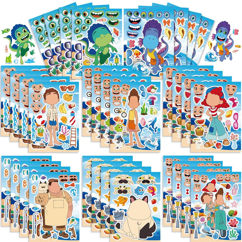 8/16sheets Cute Disney Anime Luca Puzzle Stickers Make A Face Children Sticker Toy Assemble Jigsaw Funny Decal for Kids Toy Gift