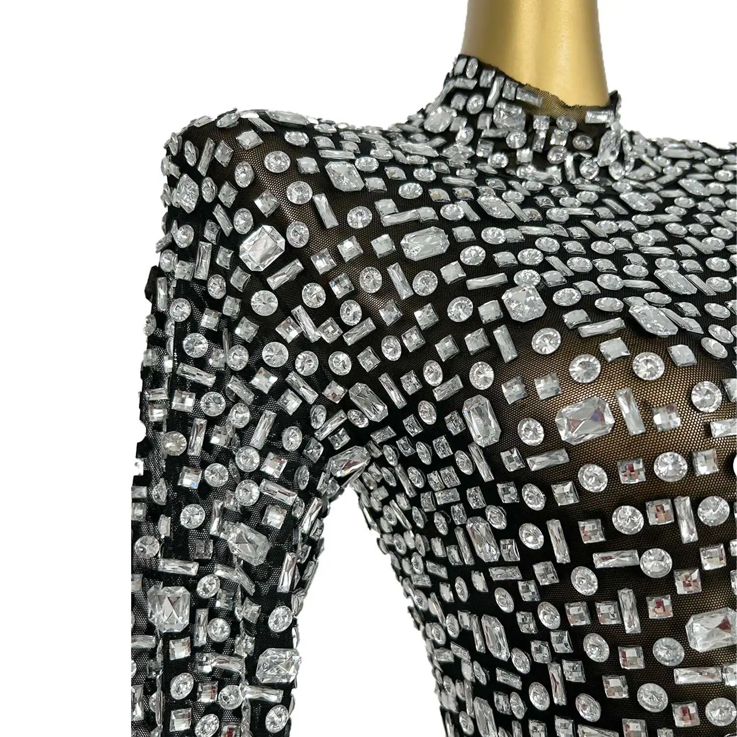 

Sparkly Silver Diamonds Transparent Mesh Derss Women Nightclub Outfit Singer Dancer Costume Stage Wear Sexy Performance Yinbei