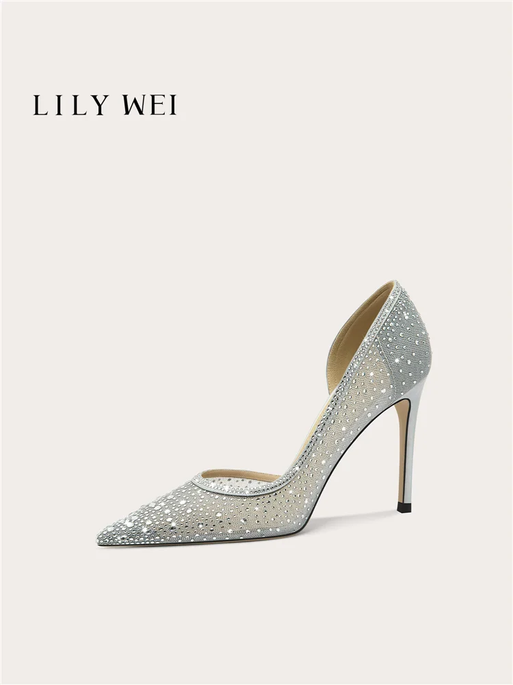 Stiletto heels spring and summer pointed toe side empty rhinestone mesh wedding shoes banquet large size small size women sandal