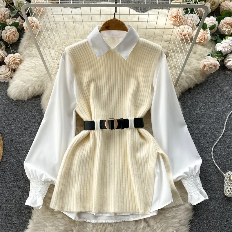 

Autumn Winter Knitted Vest+loose Long Sleeved White Polo Collar Top Blouse Split Vest Pullover Women's Knitted Sweater