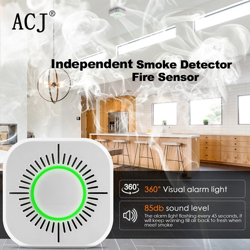 ACJ Independent Smoke Alarm Wireless Smoke Fire Detector Security Protection Sound Alarm Sensor for Home Office Security