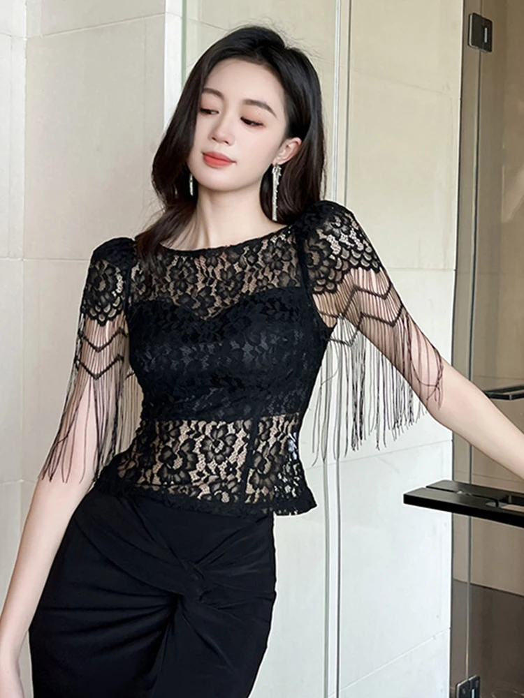 

French Chic Elegant T-shirt Black Perspective Sheer Lace Tops Sexy Club Blouse Hook Flower Hollow Tees Party Prom Blouse Lady