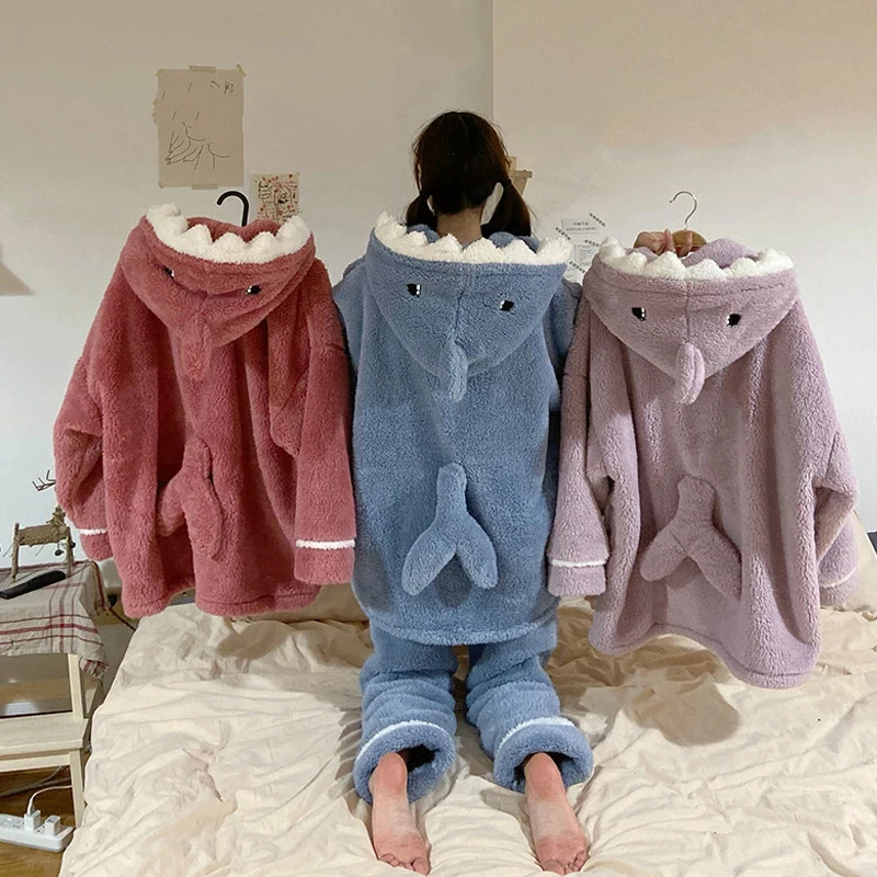 

Cartoon Shark Women's Pajama Set Hooded Warm Winte Ladies Homesuit 2 Pieces Set Wiht Pant Fleece Pijama Suit For Female