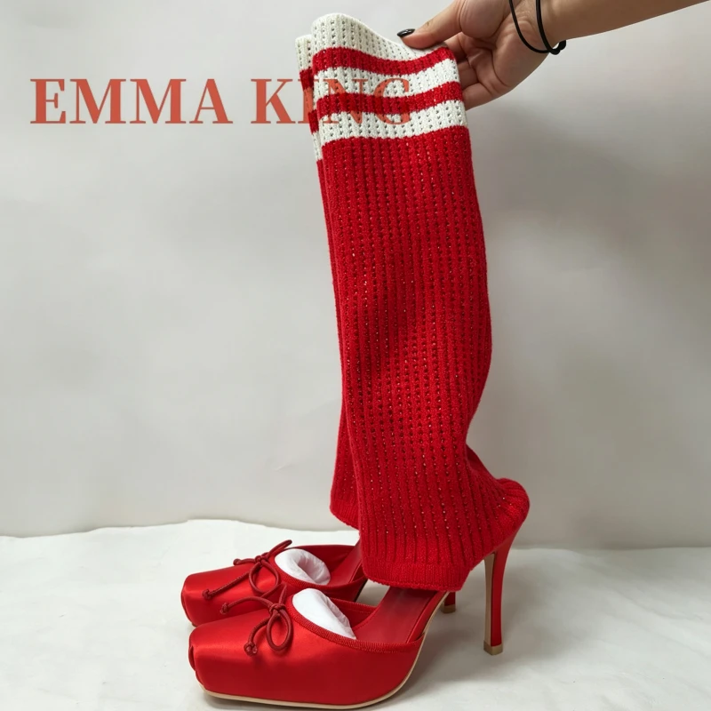 Stylish Rhinestone Knitted Leg Pumps Stiletto Heeled Boots For Women Satin and Knitting Tall Boots Square toe Leg Warmer Pumps