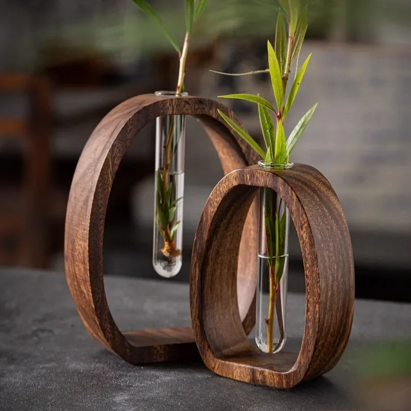 Creative Walnut Wood Vases Hydroponic Plant Container Glass Test Tube Pot Indoor Living Room Tabletop Creative Mini Ornament Dec