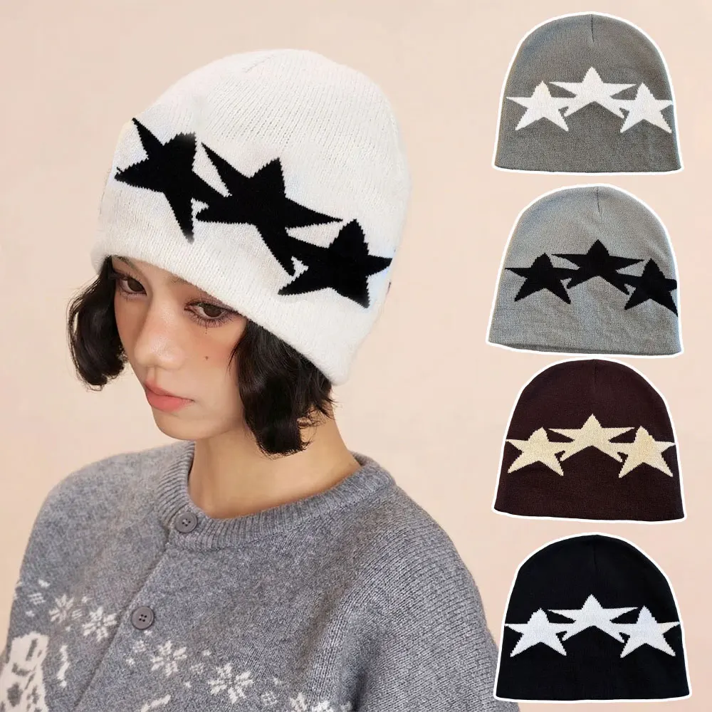

Unisex Couple Ear Protection Five Pointed Star Knit Hat Wool Acrylic Beanies Outdoor Windproof Pullover Cap Stars Knitted Hat