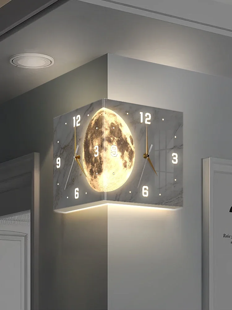 

2023 new living room corner double-sided luminous creative clock wall lamp Moon corner wall clock hole-free corner clock