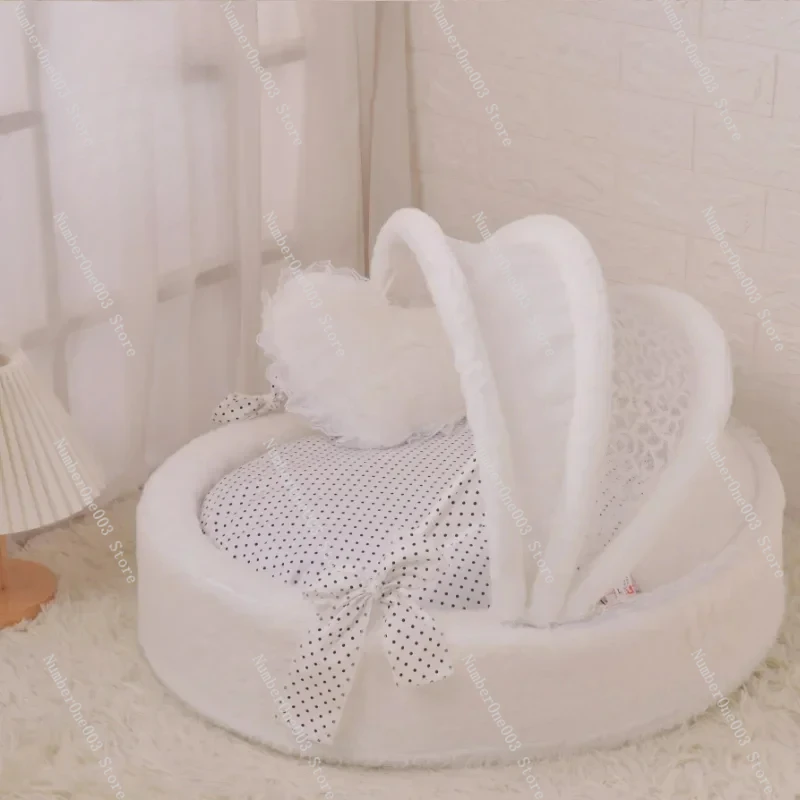 Fluffy Winter Warm Pet Cradle Bed with Fleece Plush Fuzzy Velvet Dog Cat Puppy Kitten Princess Bed Sofa Cushion White Dot