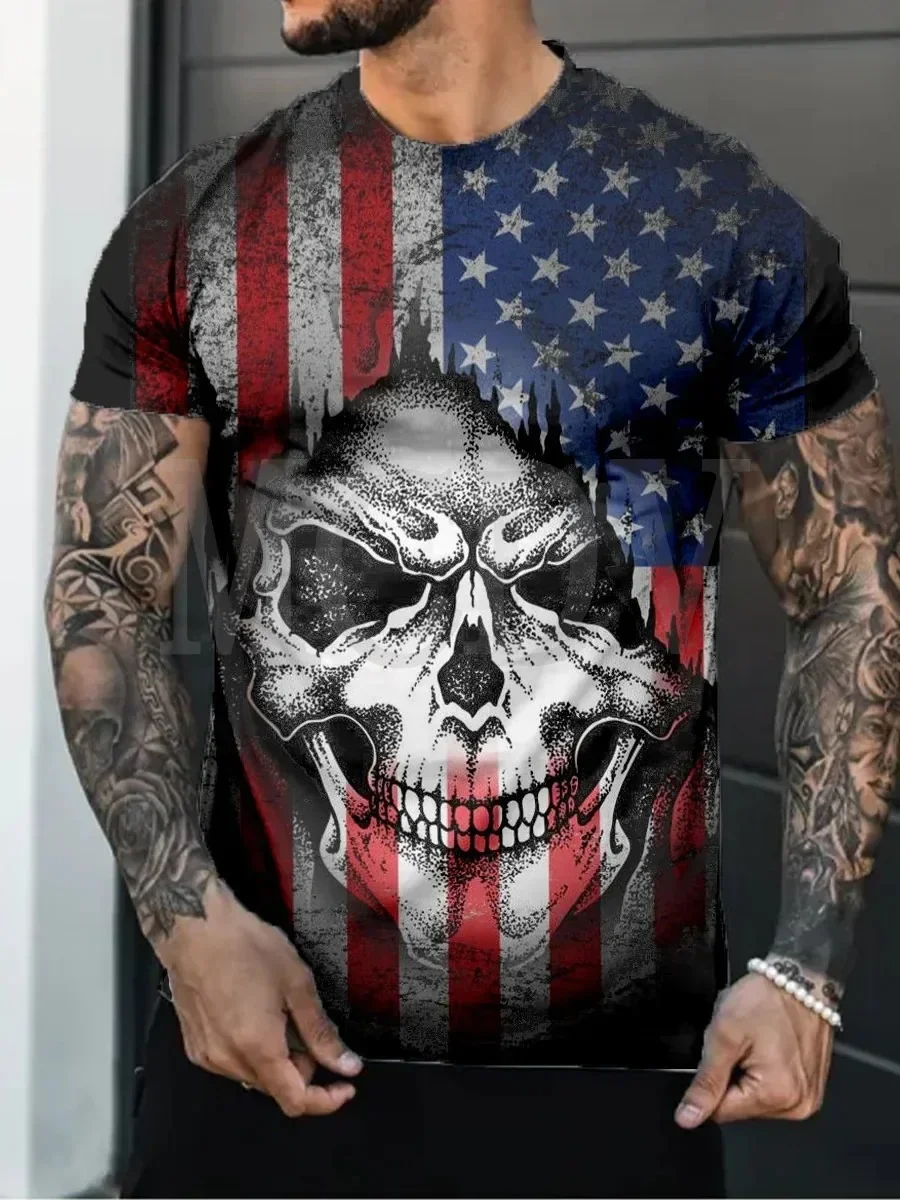 

2023 Summer Men's Independence Day Flag Patriots Skull T-Shirt The Colorful The Best He Him Hole LGBT3D Printed T Shirt