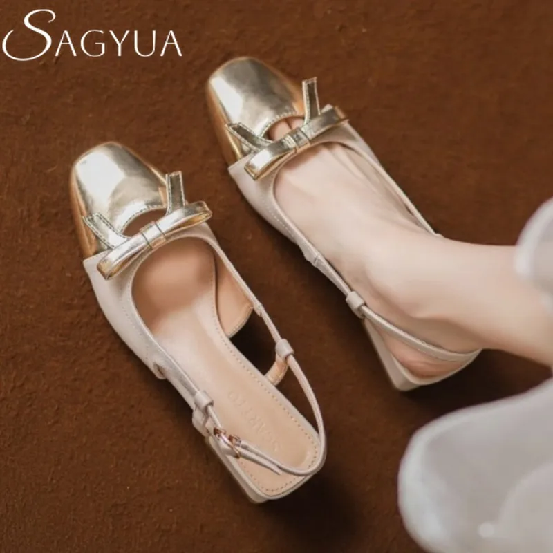 

Bow Square Toe Women Heeled Sandals Shallow Loafers Shoes Woman Slingback 2025 Trend Summer Dress Elegant Pumps Chunky Sandalias