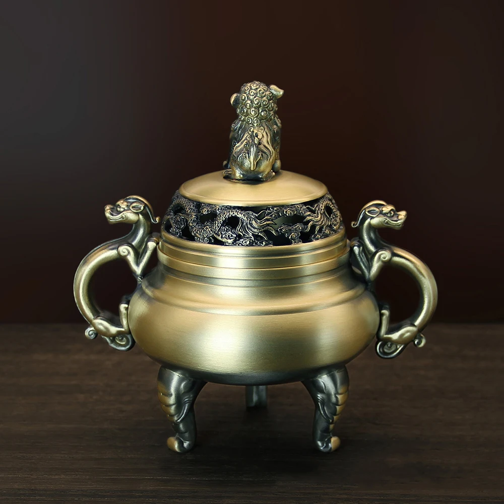 Brass Small Suanni incense burner, Vintage Elephant Foot Copper Censer, Double-Ear Tripod Ding Aroma Burner Ornament For Home