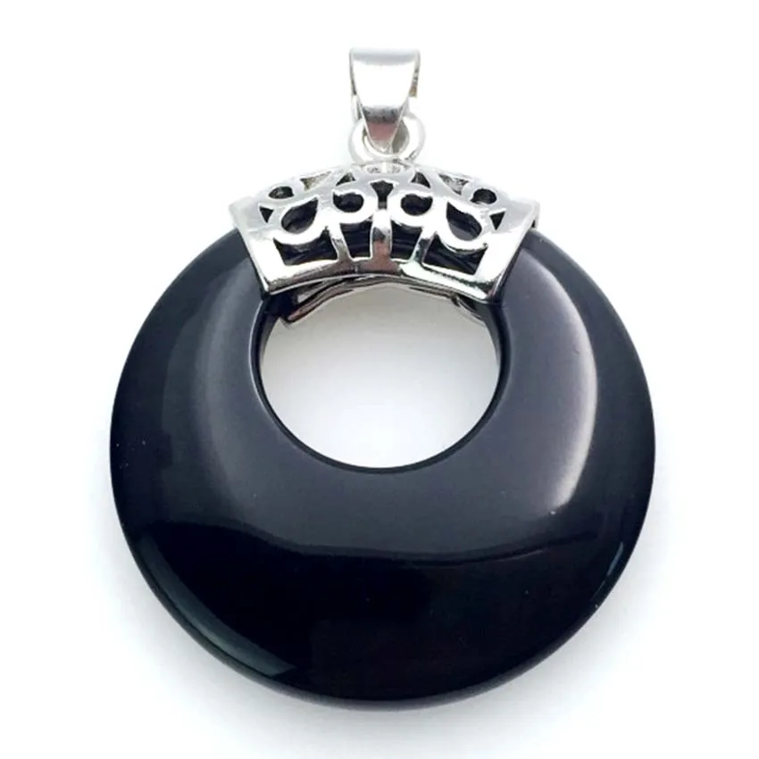 Silver Plated Natural Black Onyx Stone Round Hollow Shape Vintage Agate Pendant For Necklace Charm Women Gilrs Jewelry Gifts