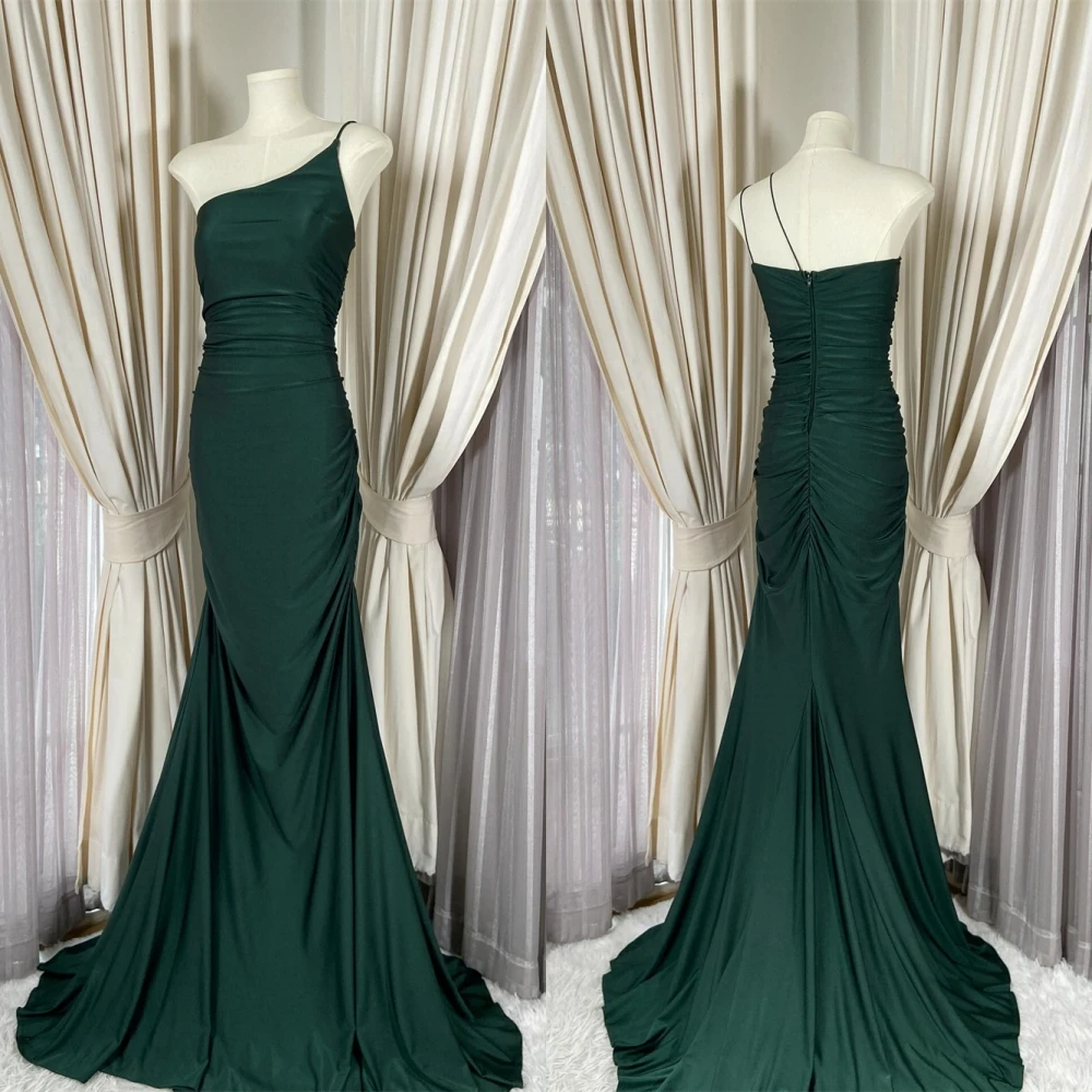 Customized Temperament Green Jersey Evening Dress Delicate Boat Neck One Shoulder Spaghetti Straps Zipper Back Cocktail Dress