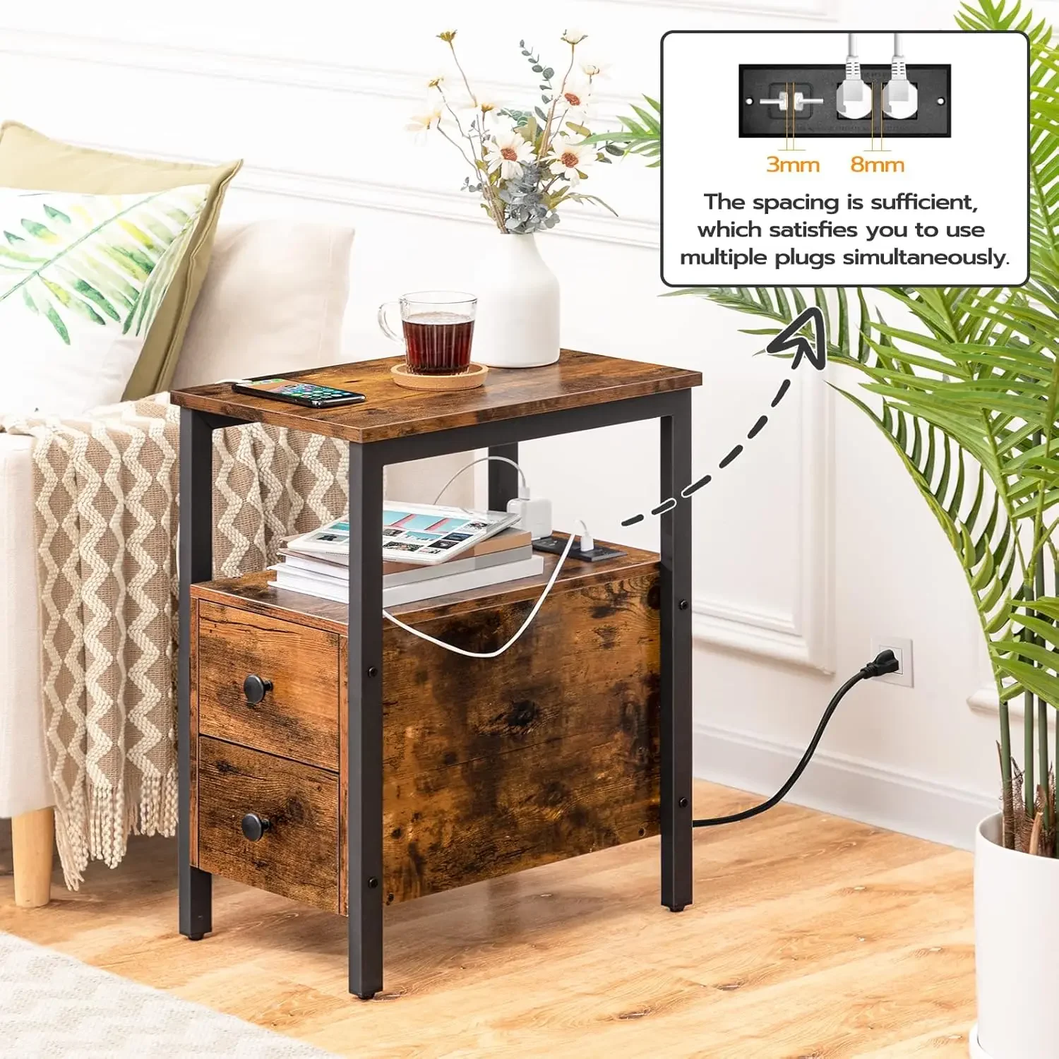 End Table with Charging Station, Narrow Side Table with 2 Drawer & USB Ports & Power Outlets, Nightstand for Small Spaces