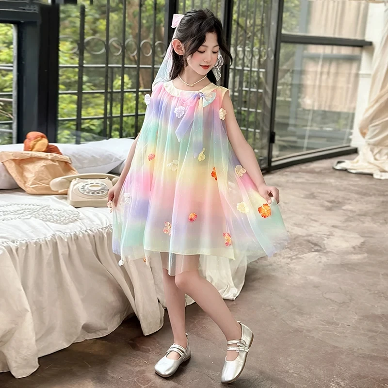Vestido de Tule Gradiente Arco-Íris para Meninas, com Flores 3D, Estilo Princesa Doce, para Festa de Verão, Novo, Macio, Estilo Y2K, Vestido Casual, S