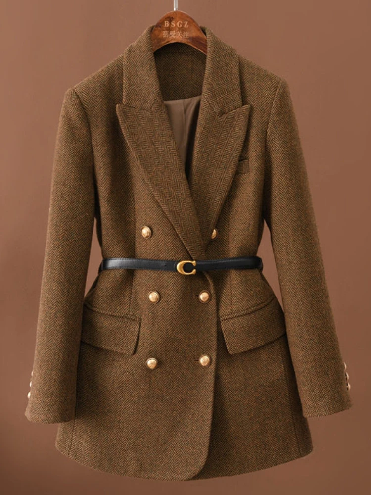 Thickened Woolen Suit Jacket Autumn Winter New Double-breasted With Belt Slim-Fit Commuting Fashion Mid-Length Tweed Coat Women