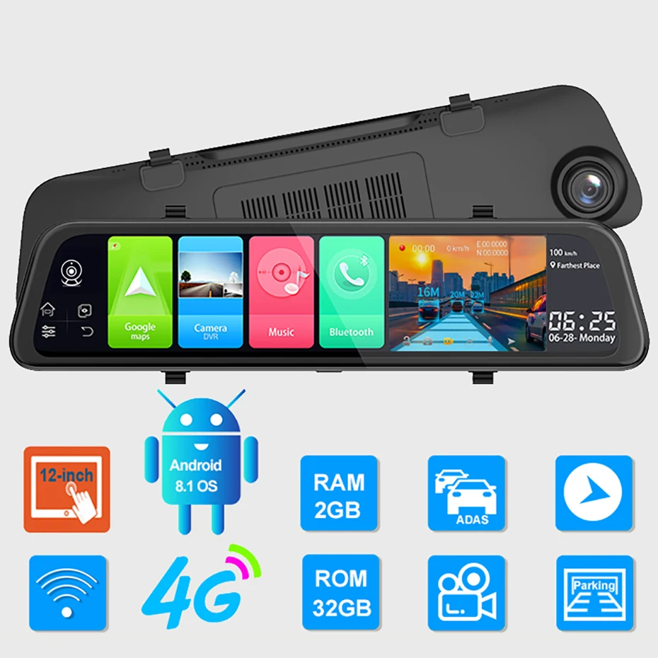 Bluavido 4G ADAS Android Car Mirror Video Recorder GPS Navigation 12 Inch Rear View DVR 1080P Dash Camera WiFi Remote Monitoring