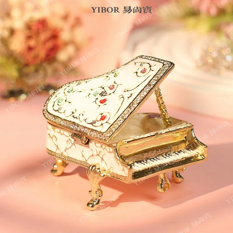 Metal Cloisonne Piano Figurine with Rhinestones, Light Luxury Shippo Craft, Creative Home Desktop Decor Enamel Ornament Gift