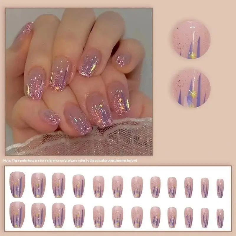 24Pcs Short Square Press On Nails Glitter Crush Mirror Powder Fragments Design Wearable Fake Nails