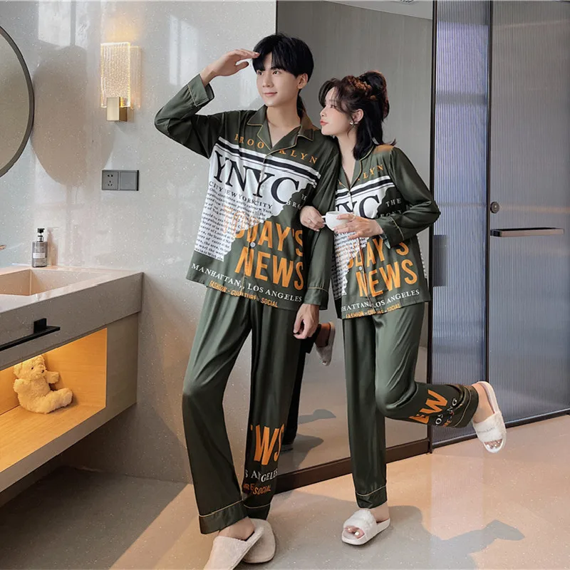 2021 new design autumn ice silk couples pajamas luxury printed men's pajamas lapel women's home wear