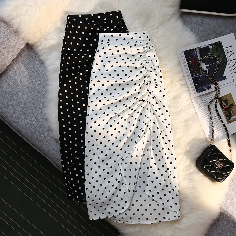 High Waist Skirts Women Side Slit Pleated Design Medium Long Wave Point Chiffon Skirt Female 2024 Summer Hip Wrap Skirt