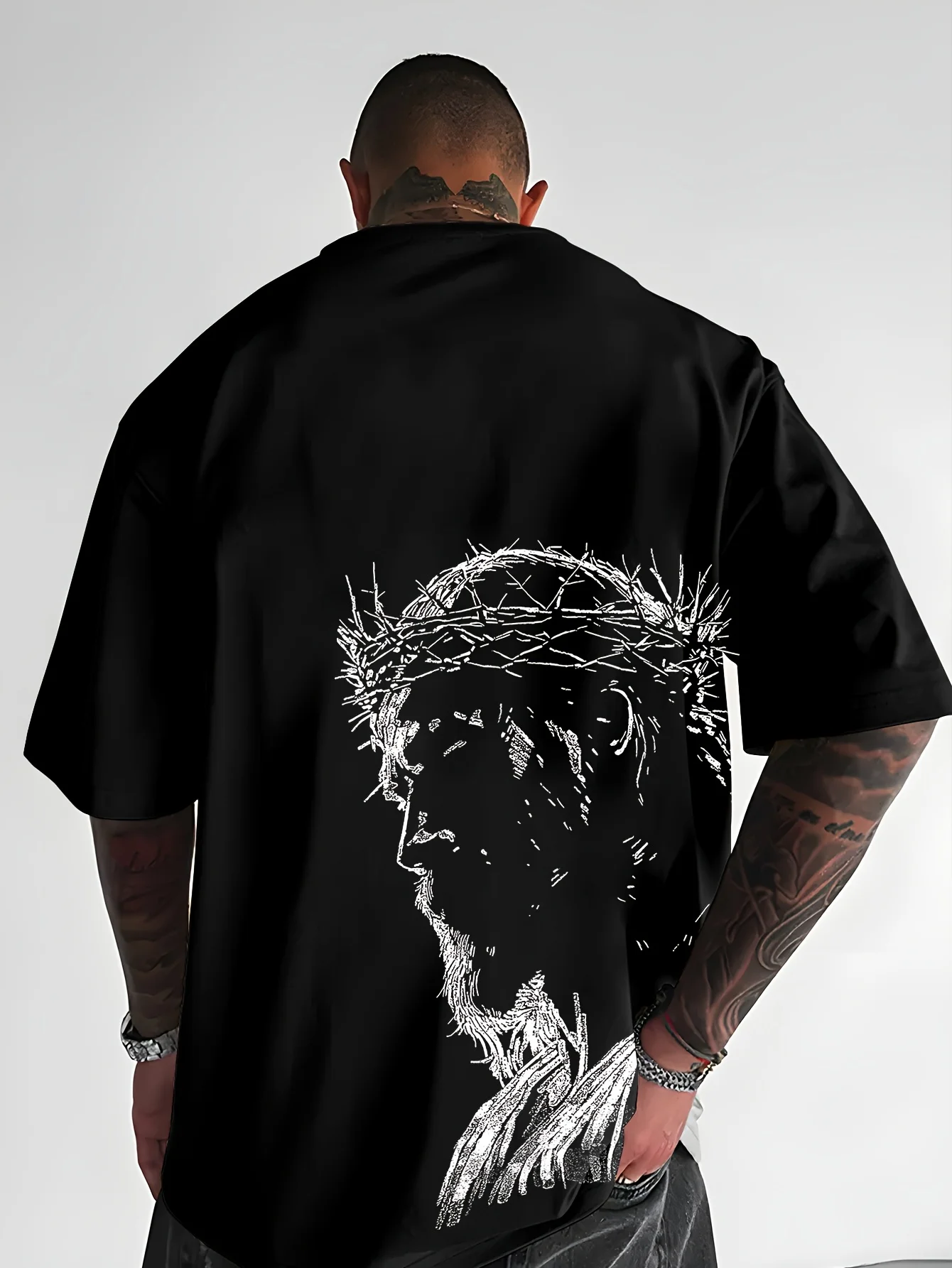 T-Shirt mit Porträtdruck, Street-Style Rundhals-Shirt, Atmungsaktive Polyesterfaser, Lockerer Drop-Shoulder-Schnitt Kurzarm - Neu Ar