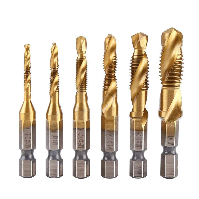 

6PCS M3 M4 M5 M6 M8 M10 Thread Metric Tap Drill Bits Set HSS Hex Shank Screw Machine Titanium Plated Compound Tap Hand Tool Set