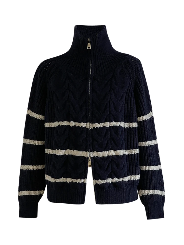 

Soft Cozy High Collar Double Zipper Twist Knit Sweater Outerwear New Women's Lazy Striped Sweater Trendy Cardigan Autumn Faion