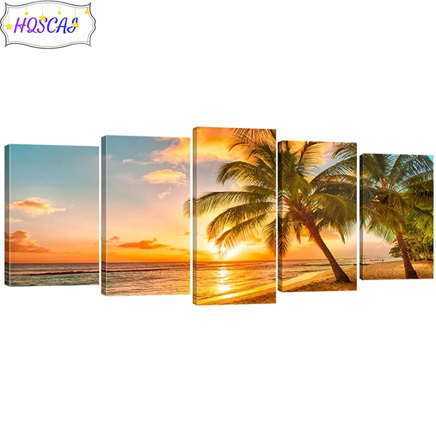 

5pcs sunset, seaside, coconut trees full round square Diamond Painting Cross Stitch Diamond Embroidery New Handicraft Home Decor