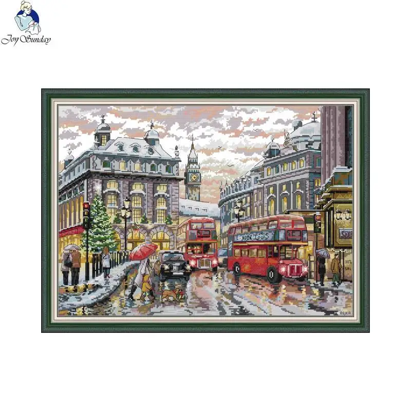 Street View Joy Sunday Cross Stitch Embroidery Set 14CT 11CT Count Printed Canvas Fabric Needlework Sewing Kit DIY Home Decor