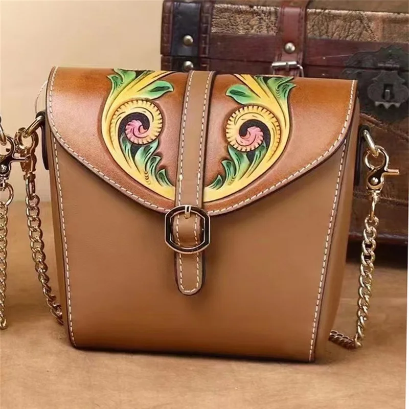 Hand-made Leather Carving Genuine Leather Shoulder Bag Woman Mini 3D Floral Ladied Real Cow Leather Handbag