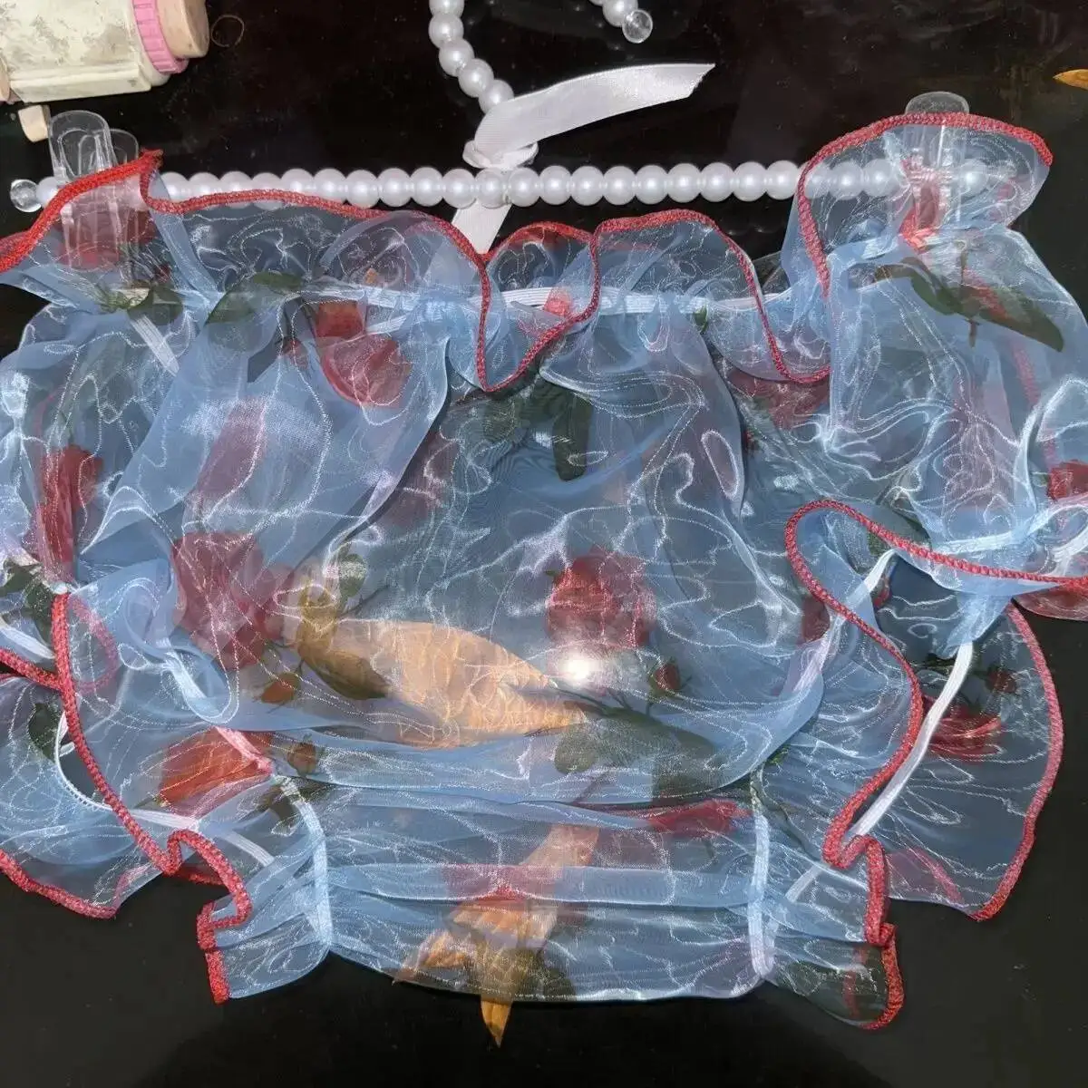 

40-85kg Summer See Through Blue Floral Print Mesh Lingerie Panties Plus Size Underwears Sexy Briefs