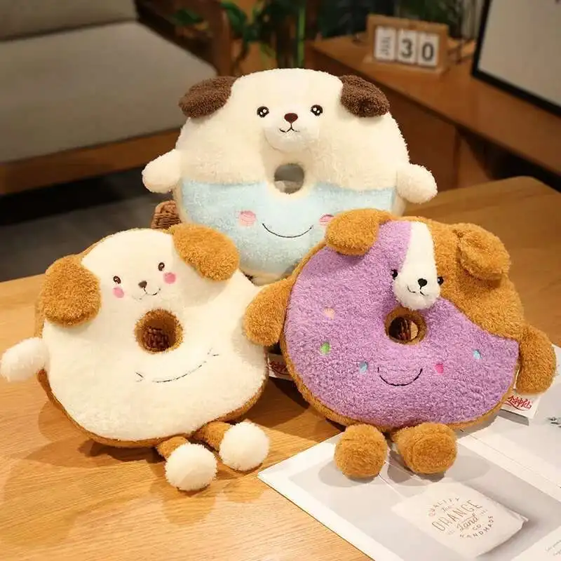 Dulces bollos dibujos animados perro Donut juguete suave relleno crema Donut almohada de felpa comida de imitación sofá silla cojín niños niñas regalos