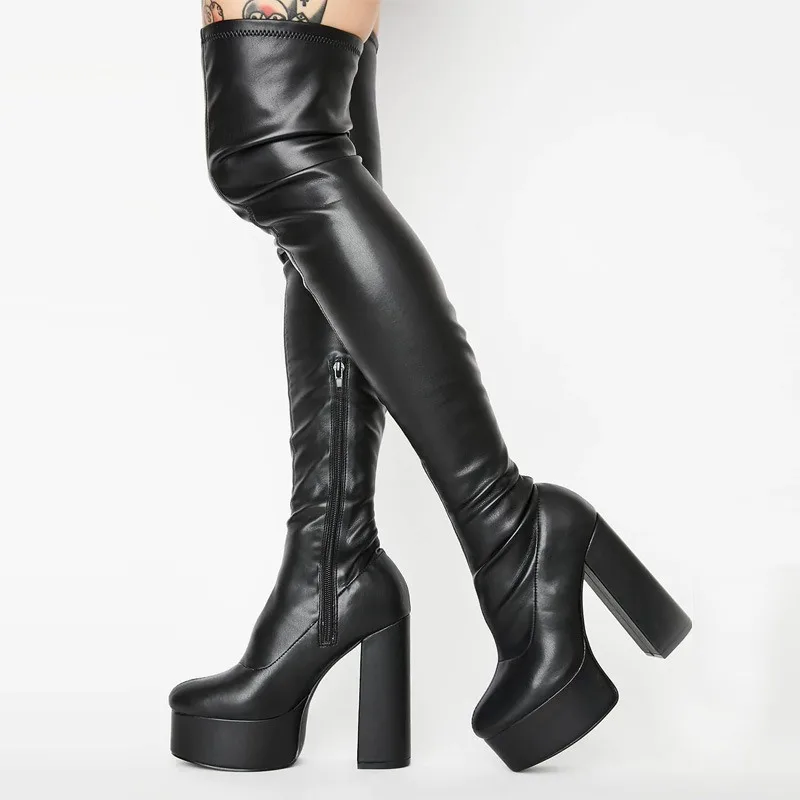 

Woman Over The Knee Boots PU Leather Black Side Zip Shoes Platform Round Toe 12cm Square Heel Comfort Casual Elastic Long Boots