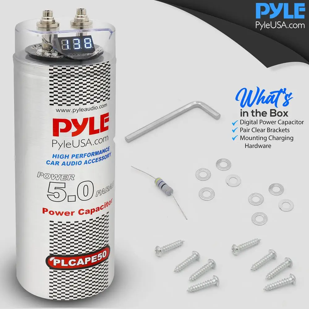 Pyle 5.0 Farad Digital Power Capacitor - High-Performance Car Audio Accessory with Blue Digital Display, Voltage Readout