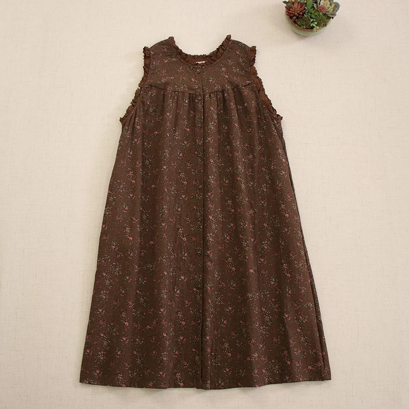 Vestido regata sem mangas com estampa floral vintage feminino, vestidos com colete cardigã, peito único, solto, japonês, menina mori, outono, inverno