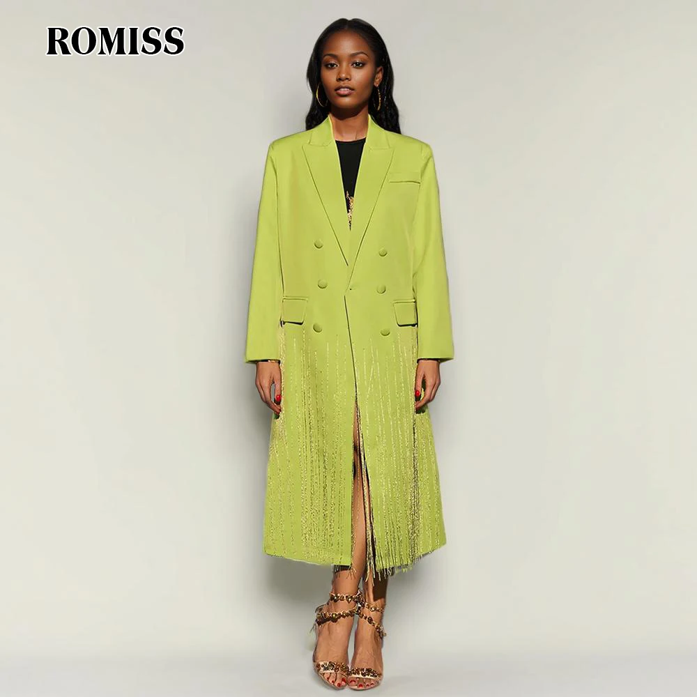 ROMISS Solid Patchwork Tassel Casual Windbreakers For Women Notched Collar Long Sleeve Spliced Button Temperament Trench Female