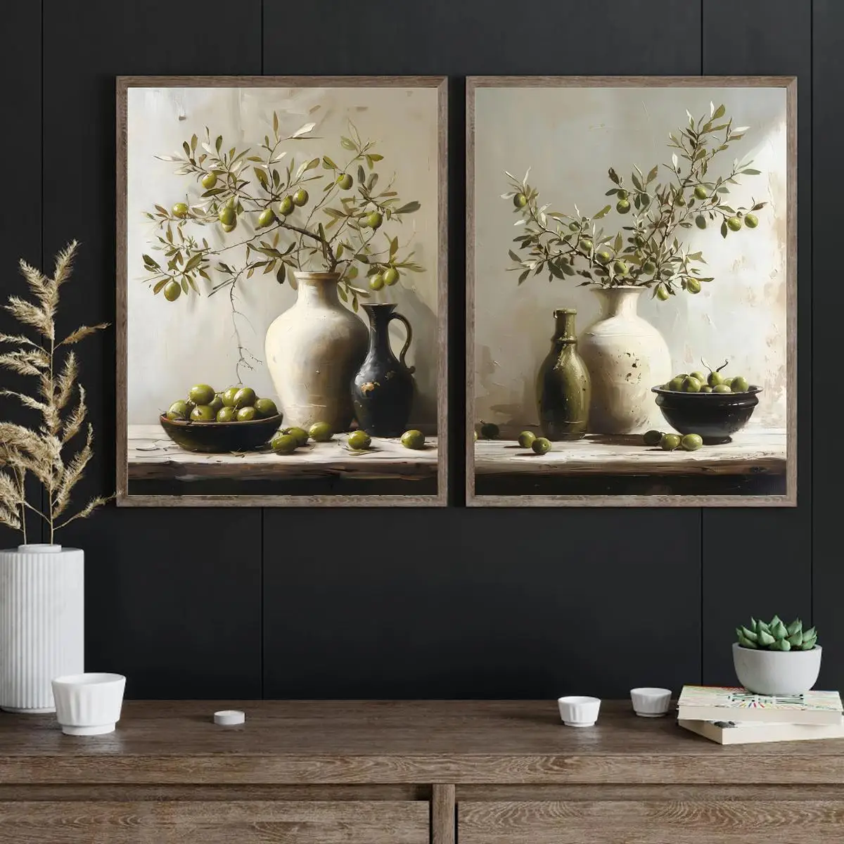 Impresiones en lienzo de naturaleza muerta Vintage, aceitunas y cerámica, arte de pared sin marco para sala de estar, dormitorio, decoración de oficina en casa, 2 uds.