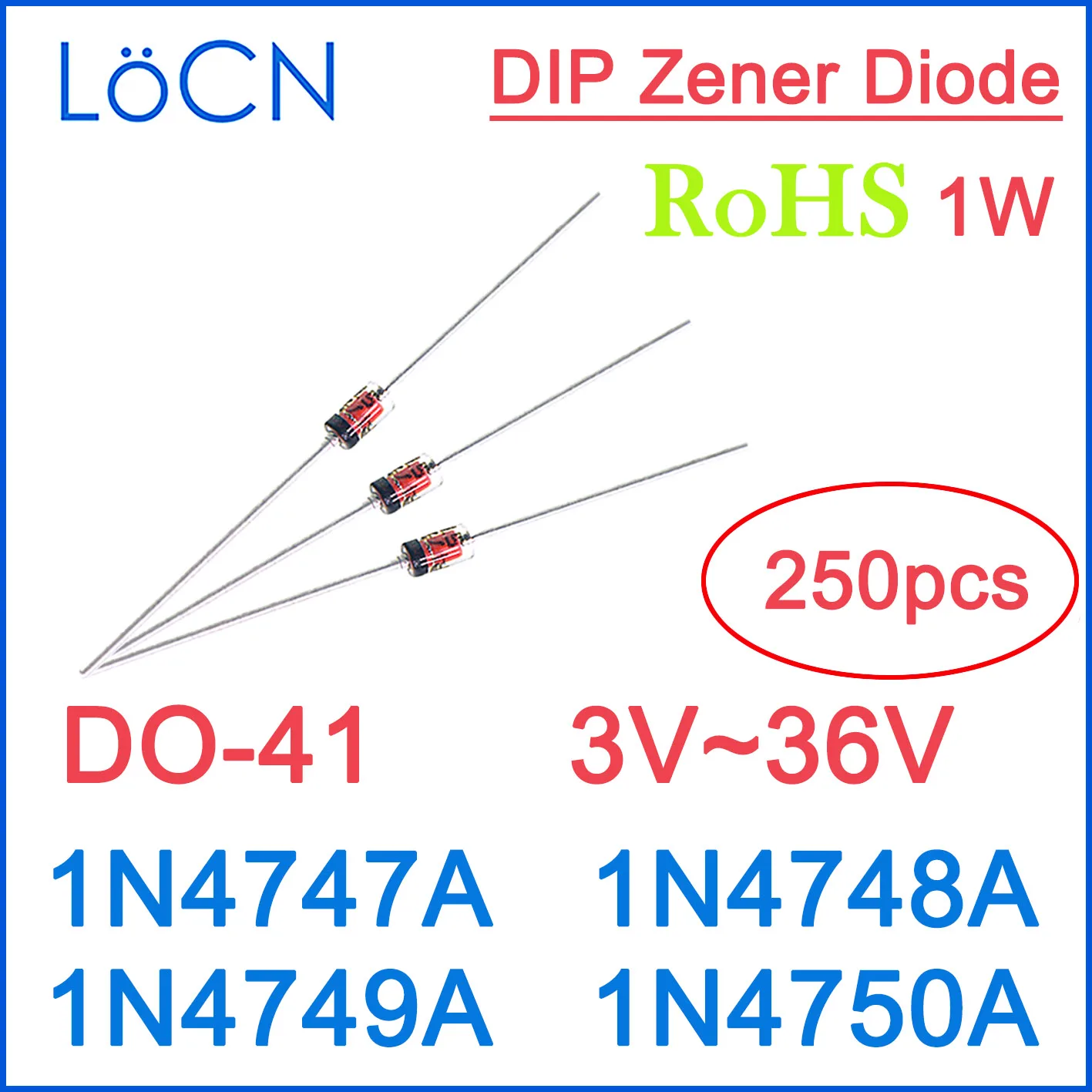 1N4747A 1N4748A 1N4749A 1N4750A 1W 20V 22V 24V 27V DIP DO-41 Zener Diodes glass ROHS 3V~36V 250PCS High quality