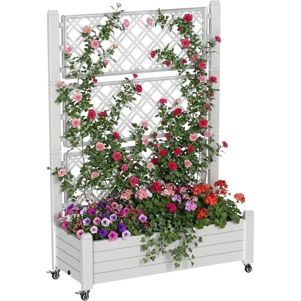 Raised Mobile Garden Bed with Trellis, Locking Wheels, Drainage & Water Gauge, Durable Resin for Outdoor, Patio, Balcony, Yard (
