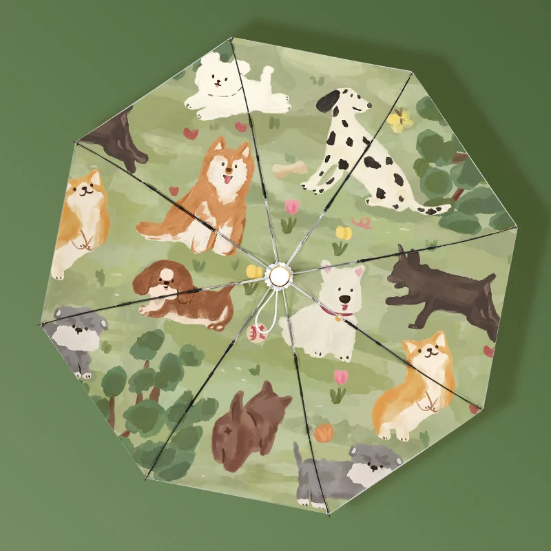 Cartoon Animal Fully Manual Automatic Five Fold Tri-fold Cute Dog Puppy Umbrella Vinyl Parasol Sun Umbrella Rain or Rain