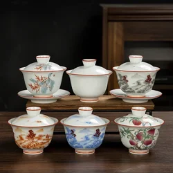 White Chinese Style Sancai Gaiwan Tea Cup, Single Manual Painting, Golden Porcelain Brewing Bowl with Cover, Household