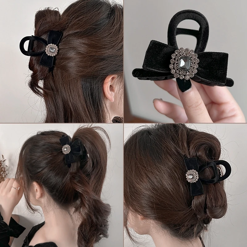 Black Hair Clip for Women Fashion Elegant Hairgrips Korean Bow Shark Rhinestone Hair Claw Clips Girls Hairpins Hair Accessories