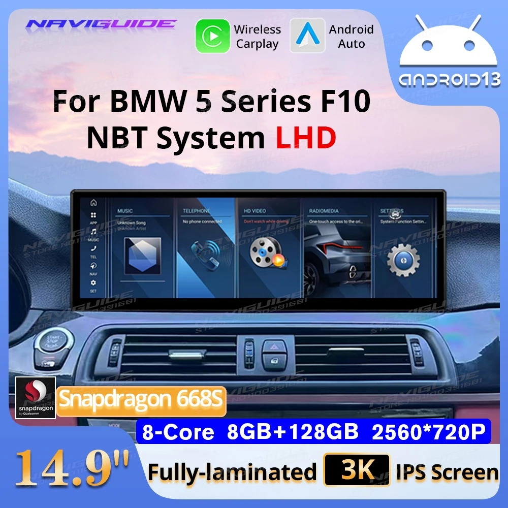 NAVIGUIDE 14.9 Inch 8G+128G Car GPS Navigation Android 13 For BMW 5 Series F10 F11 2010-2017 CIC NBT System Multimedia Player BT