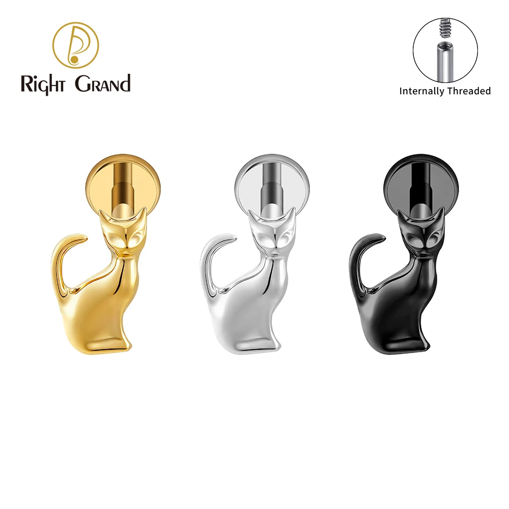 Right Grand Joia de Piercing em Titânio ASTM F136 – Modelo Gato Preto (Cartilagem/Orelha) – Estilo Gótico/Halloween – Para Helix, Tragus ou Conch – Calibre 16G