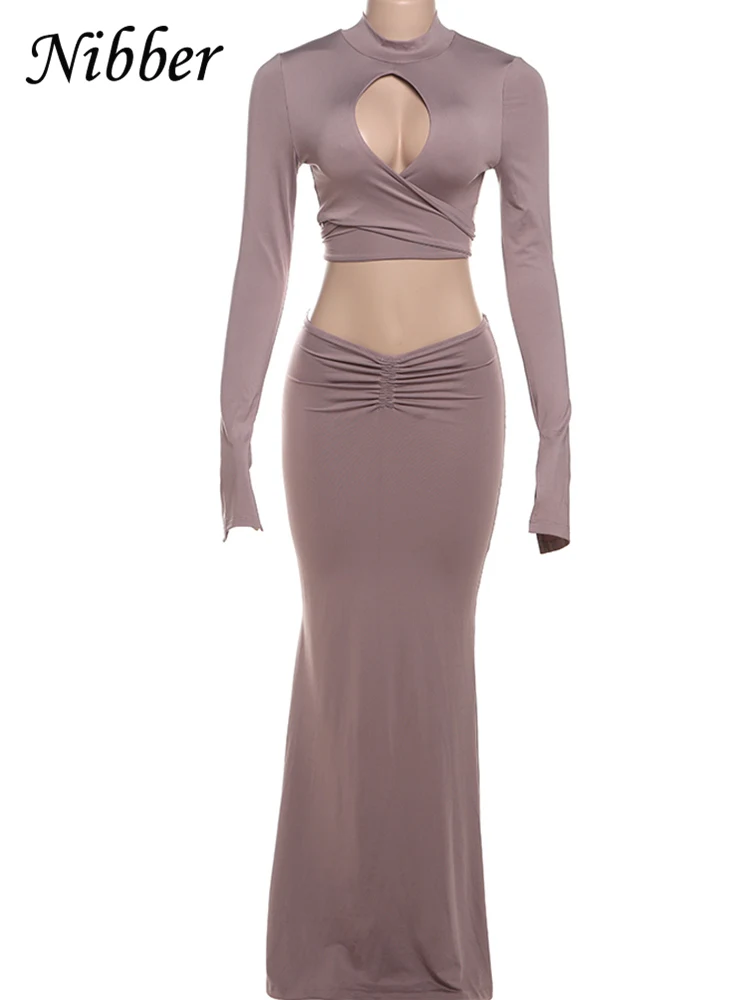 Nibber أنيقة الخريف 2 قطعة مجموعة المرأة الجوف عبر ضمادة كم كامل المحاصيل القمم + Ruched ماكسي Bodycon نحيل الاتجاه مطابقة الدعاوى