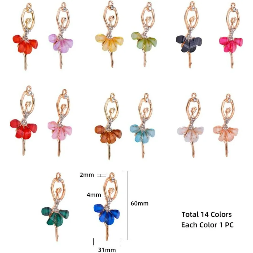 14pcs 14 Colors Crystal Ballerina Charms Inlaid Rhinestone Resin Ballet Dancer Pendants for Teen Women DIY Bracelet Necklace